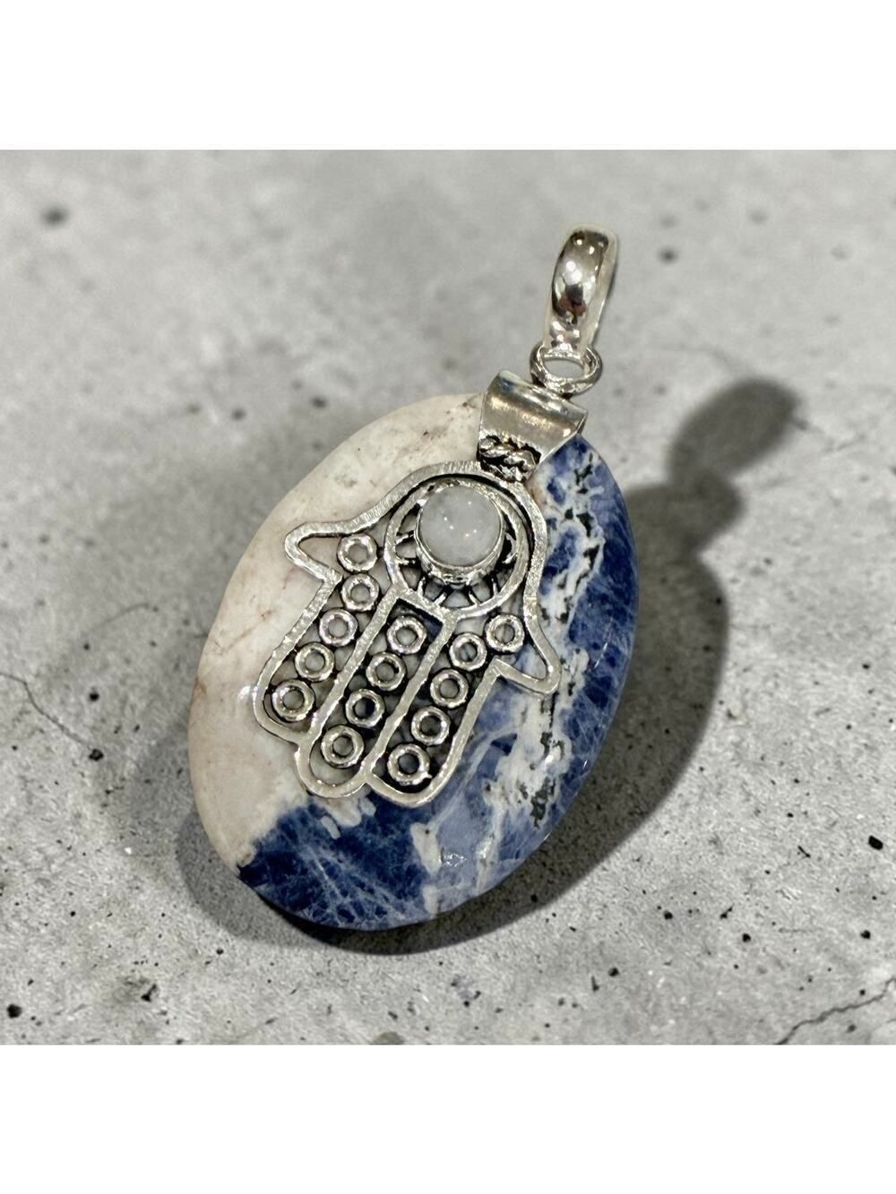 Hamsa Hand Sodalite & Rainbow Moonstone 925 Silver Plated Pendant